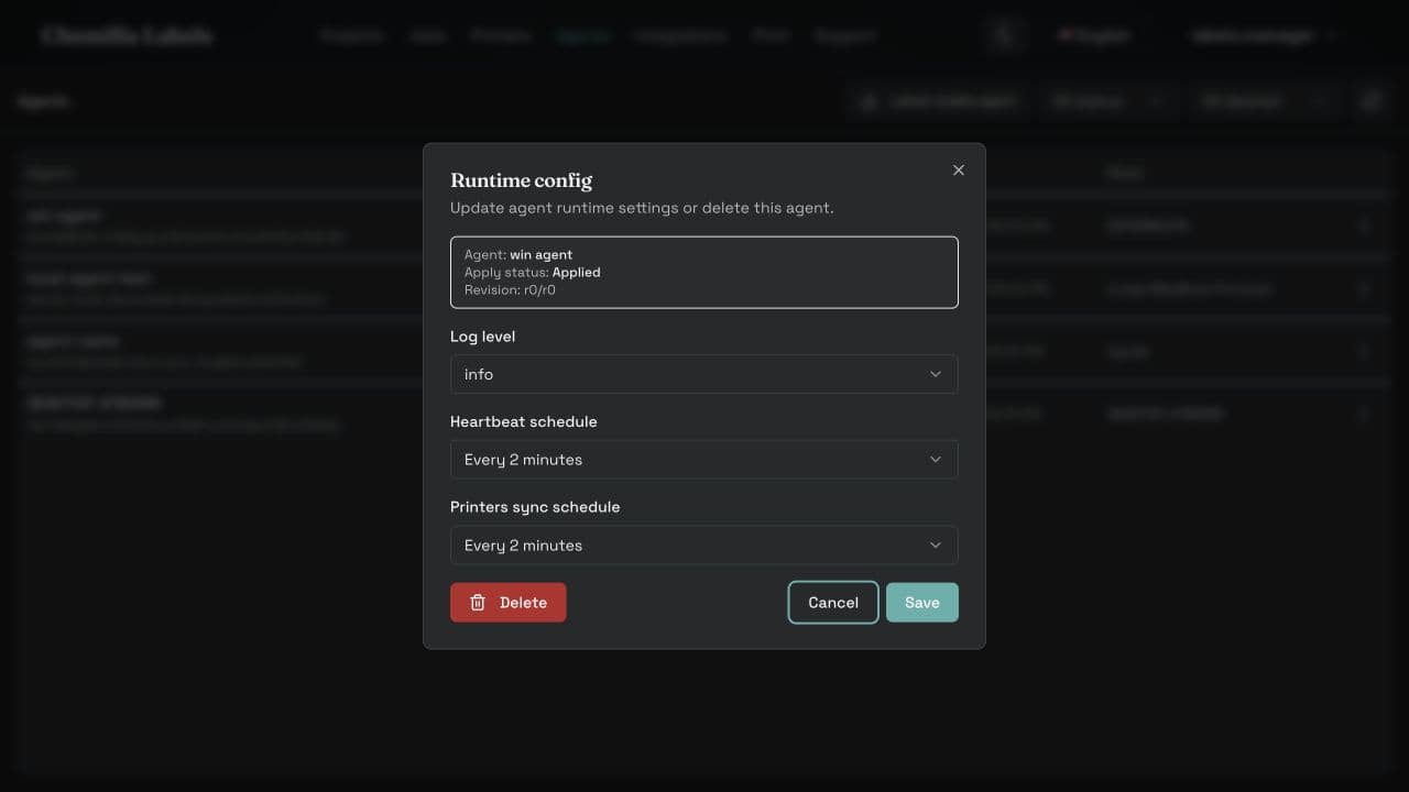 Chemilla Labels agent detail page with runtime configuration controls