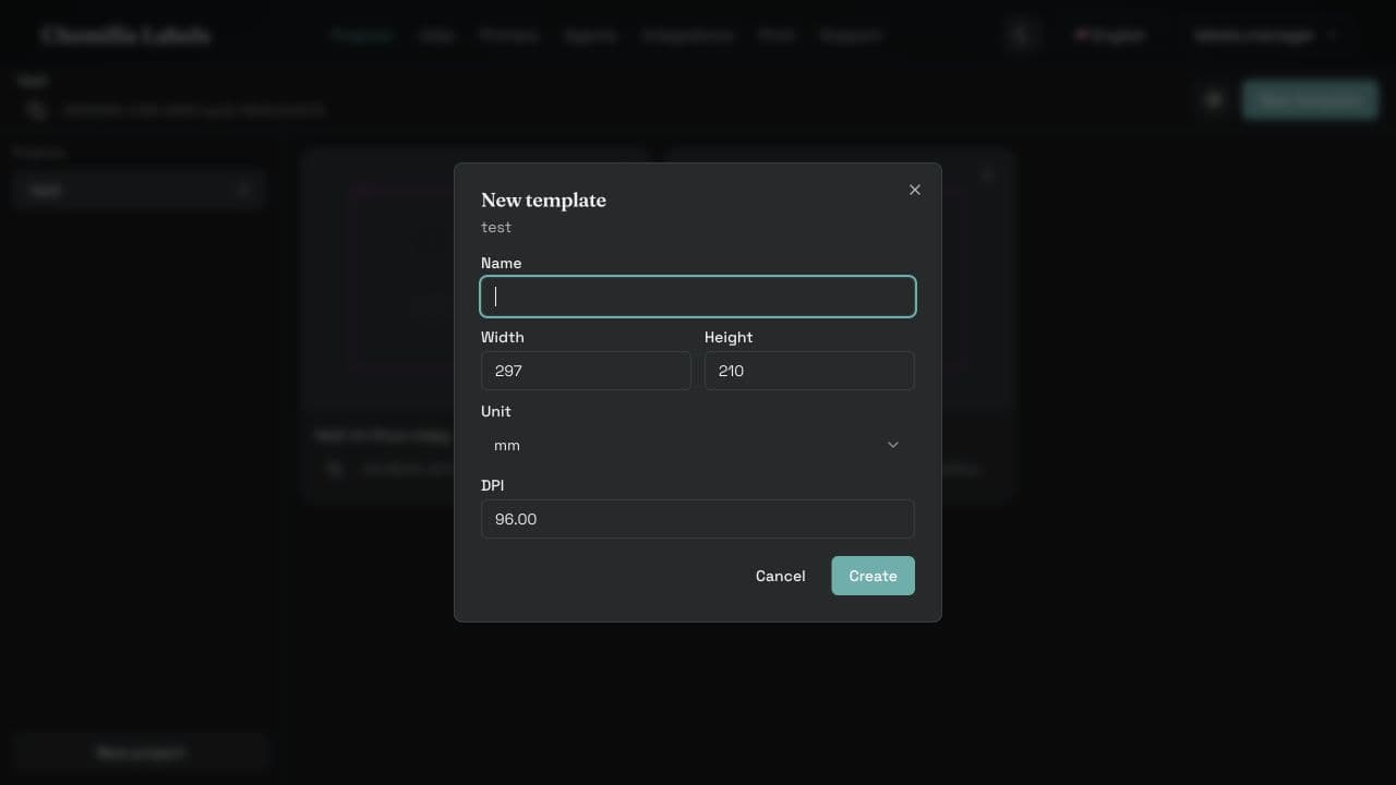 New template dialog with name, width, height, unit, and DPI fields