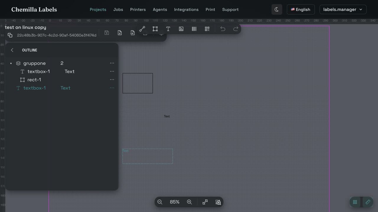 Chemilla Labels template editor showing a product label on the canvas